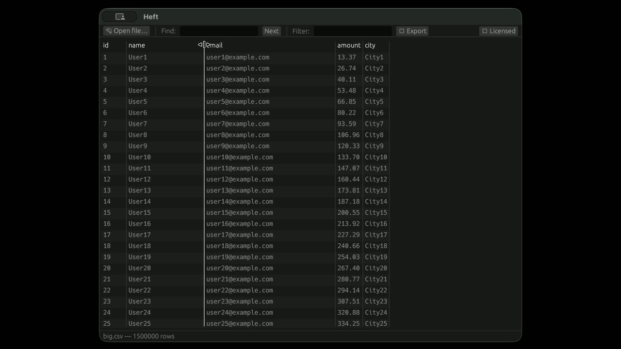 Heft opening a multi-gigabyte CSV instantly